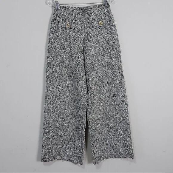 Zara Women Textured Wide Leg Pant Small Tweed Metallic Thread Gold Button - Picture 2 of 10